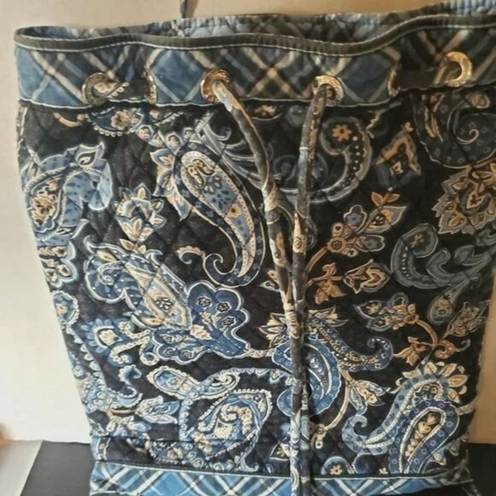 Vera Bradley Blue Paisley Quilted Drawstring Backpack‎ Bag with Plaid Trim